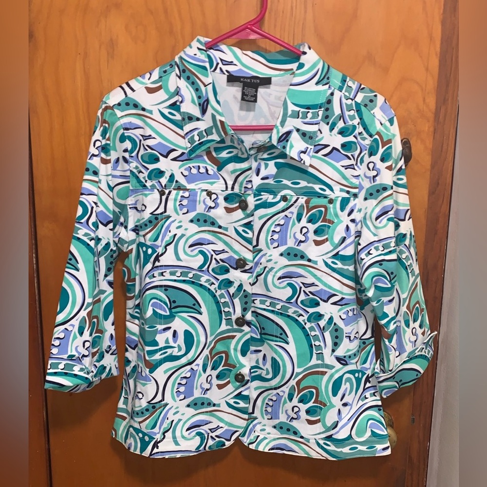 Kaktus Blazer Jean Jacket Teal Purple White Geometric Button Down Size Medium